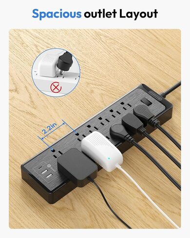 Extension Cord 25 Ft, NTONPOWER Long Surge Protector Power Strip with 12 Outlet 3 USB, 2100 Joules, 1875W/15A, Overload Protection, Flat Plug, Wall Mount for Home Office, Workbench, Garage, White in Kuwait