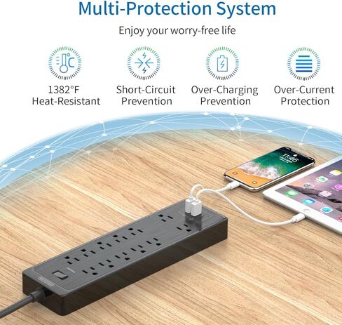 Extension Cord 25 Ft, NTONPOWER Long Surge Protector Power Strip with 12 Outlet 3 USB, 2100 Joules, 1875W/15A, Overload Protection, Flat Plug, Wall Mount for Home Office, Workbench, Garage, White in Kuwait