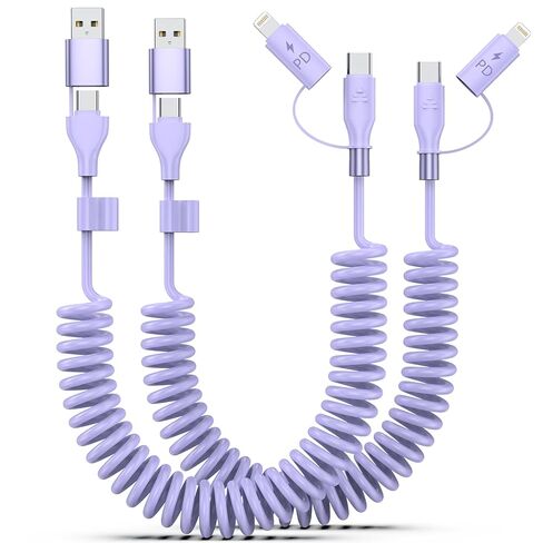 Coiled USB-C and Lightning Cable 2-in-1, 2 Pack, 3FT iPhone 15 Car Charger Cord, 60W Fast Charging Cable for iPhone 15, Samsung Galaxy, Google Pixel, Supports Apple CarPlay & Android Auto - Black in Saudi Arabia