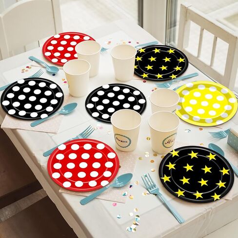 48 Pcs Mouse Color Party Decorations Cartoon Mouse Birthday Plates Red Black Yellow Polka Dots Dessert Paper Plates 7 Inch Cartoon Disposable Tableware Set for Kid Boys Girls Birthday Party Supplies in Saudi Arabia