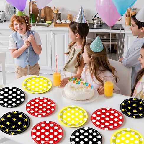 48 Pcs Mouse Color Party Decorations Cartoon Mouse Birthday Plates Red Black Yellow Polka Dots Dessert Paper Plates 7 Inch Cartoon Disposable Tableware Set for Kid Boys Girls Birthday Party Supplies in Saudi Arabia