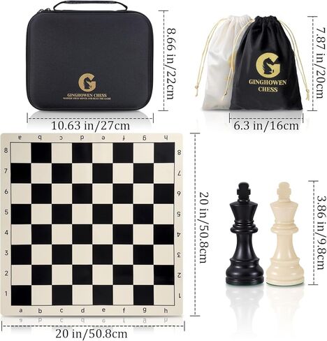 مجموعة الشطرنج - مجموعة رقعة شطرنج من السيليكون مقاس 20 بوصة، قطع مرجحة بارتفاع كينج 3.86 بوصة مع ملكتين إضافيتين، رقعة شطرنج محمولة قابلة للطي للسفر مع حقيبة تخزين للحمل in Kuwait