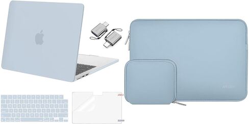 حافظة MOSISO متوافقة مع جهاز MacBook Air 13 بوصة 2024-2022 M3 A3113 M2 A2681 Touch ID، غطاء بلاستيكي صلب وغطاء لوحة مفاتيح وفيلم شاشة ومحول من النوع C وحقيبة نيوبرين مع حافظة صغيرة، أزرق فاتح وأزرق هوائي in Saudi Arabia