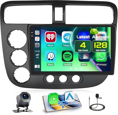 8 Core 4+64GB لسيارة Honda Civic 2001-2005 Android 13 راديو مع Carplay لاسلكي Android Auto، شاشة لمس 9 بوصات ستيريو للسيارة GPS WiFi، بلوتوث SWC Mic كاميرا احتياطية رابط مرآة in Saudi Arabia