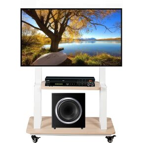 Mobile TV Stand Rolling TV Cart with Wheels for 32-75 Inch Flat/Curved Led/Lcd/Oled Portable Floor TV Stand with Laptop Wood Shelf Height Adjustable Heavy-Duty Holds up to 100lbs White