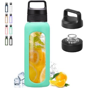 Kodrine 24 oz Water Bottle with Chug Cap, Reusable Glass water Bottles with Carry Handle, Sports Water Bottle for Gym Bike Hiking, No Straw Water Bottle with Time Marker BPA Free, Pink