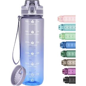 زجاجات مياه تحفيزية سعة 32 أونصة من Alwager مع علامة زمنية ومصفاة فواكه، زجاجة مياه أحادية اللون مع أوقات للشرب، مقاومة للتسرب وخالية من مادة BPA، زجاجة بلاستيكية قابلة لإعادة الاستخدام مع حزام (بدون قش) in Kuwait
