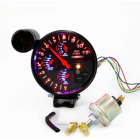 MACHSWON 5 inch Tachometer Gauge Kit Car Motor 4 in 1 RPM Meter 12V LED with Seat and Adjustable Shift Light Oil Press Water Oil Temp Sensor
