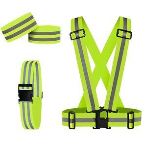 Gowhog Reflective Vest, Reflective Running Gear with Reflective Belt and Reflector Armbands 2PCs, High Visible Reflective Gear for Night Running Biking Dog Walking, Adjustable Vest for Men Women Kids