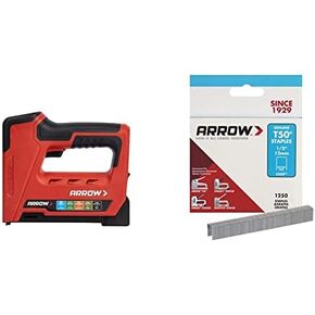 Arrow ET501C Cordless 5-In-1 Professional Staple and Nail Gun, Battery Powered Wire Stapler and Brad Nailer for Upholstery, Framing, Roofing, Crafts, Fencing, Cable, Black/Red
