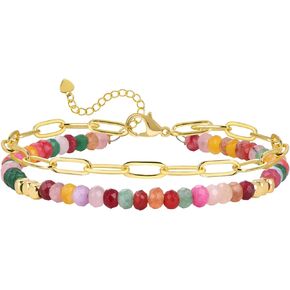 Risyfjew 18K Gold Bracelets for Women Colorful Boho Crystal Bead Bracelet Gold Paperclip Bracelet Summer Handmade Jewelry Gifts