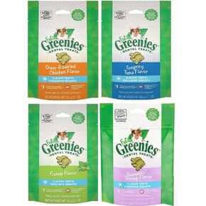 Greenies (4 عبوات من علاجات أسنان القطط المتنوعة، 4 نكهات - 2.1 أونصة لكل كيس