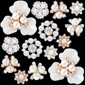 HINZIC 14 PCS Pearl Flower Buttons Vintage Pearl Brooch for Jewelry Making,Wedding Rhinestone Button Covers Embellishments for Women DIY Clothes Bags Shoes Decoration