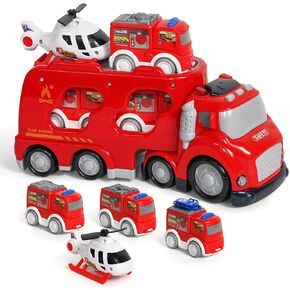 Fire Truck Car Toys Set for 3 4 5 6 Years Old Toddlers Boys & Girls Gift, 4 Small Friction Powered Cars Helicopter, Fire Engines, Sound and Light Big Truck 10 * 3.5 * 4.7 INCH