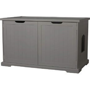 Merry Products Adjustable Pet Cat Washroom Storage Bench Furniture with Removable Partition Wall for All Size Litter Boxes, Gray