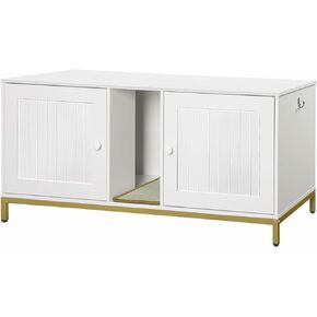 HOOBRO 44" Cat Litter Box Enclosure for 2 Cats, Double Cat Litter Box Furniture Hidden, TV Stand Litter Box Enclosure with Cat Scratching Mat, Cat House, Cat Washroom Cabinet, White, Gold DW20MW01