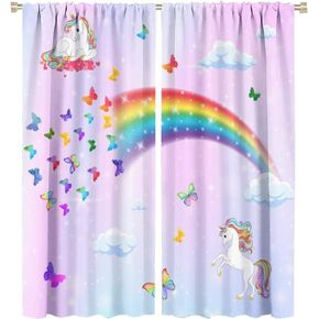 Rainbow Window Curtains for Kids, Unicorn Butterfly Cartoon Star Cloud Pink Purple Background Blackout Rod Pocket Window Treatments Drapes for Girls Boys Nursery Bedroom Living Room 42x45in