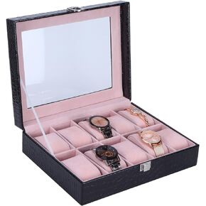 Watch Box Organizer for Women, Pink Watch Display Stand Watch Display Case Portable Jewelry Display Case 10 Slot Watch Case Crocodilian Pattern Watch Organizer Watches Storage Case