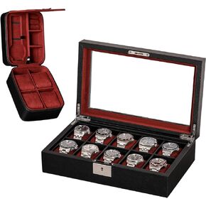 ROTHWELL Gift Set 10 Slot Leather Watch Box & Matching 5 Watch Travel Case - Luxury Watch Case Display Organizer, Locking Mens Jewelry Watches Holder, Men's Storage Boxes Glass Top Black/Red