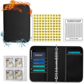ZOOPIP Fireproof 100 Envelopes Money Saving Challenge, Money Saving Binder with Cash Envelopes, Double Zipper for Waterproof Safety, Fun and Easy Way To Save $5,050 (Black, 1 Pcs) in Kuwait