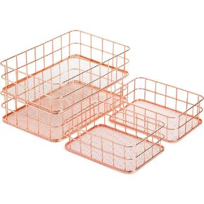 Hacaroa 4 Pack Rose Gold Wire Mesh Basket, Metal Desk Drawer Organizer Desktop Holder Tray for Cosmetic, Stationery, Magazines, Fruit Snacks, Home, School, Office, 2 Size