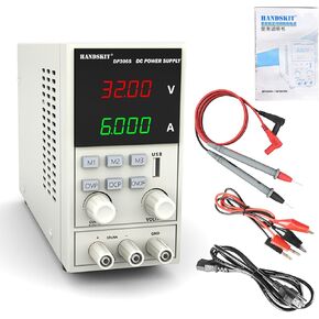 مصدر طاقة تيار مستمر، مصدر طاقة منضدي يدوي 32 فولت 6 أمبير، متغير قابل للتعديل، مزود طاقة منظم، شاشة LED رقمية OVP OCP مع سلك اختبار متعدد المقاييس، مشبك التمساح وسلك محول التوصيل in Kuwait