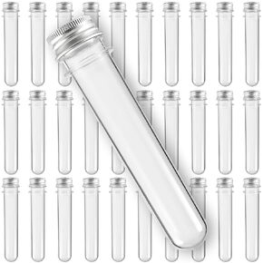 HOZEON 50 PCS 5.5 x 1 inch Clear Plastic Test Tubes with Caps, 40 ml Test Tubes with 50 PCS Sealing Protection Sheets for Plants, Scientific Experiments Candy Storage, Powders, Spices, 140 x 25 mm