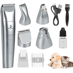 NIGEU Dog Clippers Grooming Kit، ماكينة قص الشعر مع مجموعة مطحنة الأظافر 4 في 1، ماكينة تشذيب كهربائية لاسلكية - ماكينة تشذيب مخالب منخفضة الضوضاء - ماكينة حلاقة أظافر هادئة قابلة لإعادة الشحن عبر USB للقطط والحيوانات الأليفة الأخرى (فضية)