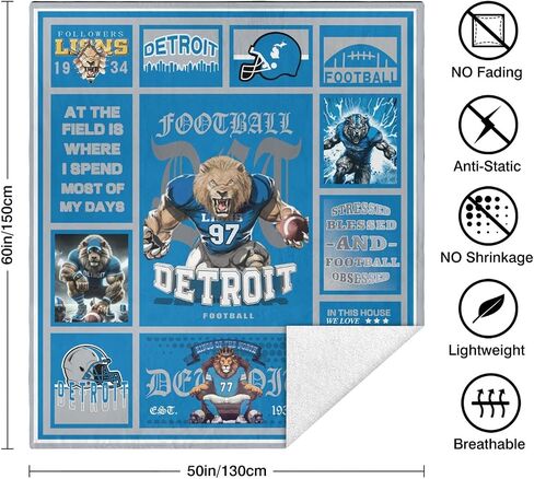 CusFuk Detroit Football Fans Plush Throw Sherpa Throw Blanket, Football Style Travel Blanket，Gifts for Men Women Boys Kids Fans Football Lovers 50" X 60" in Saudi Arabia