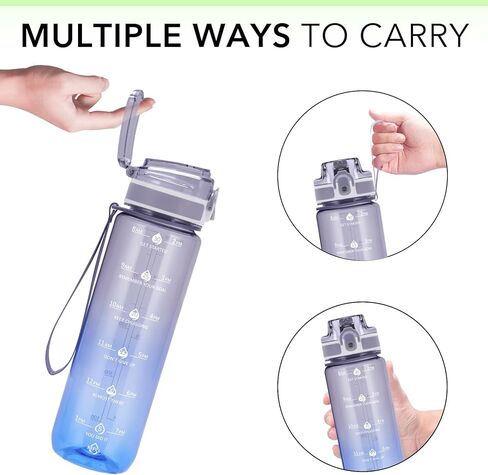 زجاجات مياه تحفيزية سعة 32 أونصة من Alwager مع علامة زمنية ومصفاة فواكه، زجاجة مياه أحادية اللون مع أوقات للشرب، مقاومة للتسرب وخالية من مادة BPA، زجاجة بلاستيكية قابلة لإعادة الاستخدام مع حزام (بدون قش) in Kuwait