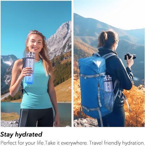 زجاجات مياه تحفيزية سعة 32 أونصة من Alwager مع علامة زمنية ومصفاة فواكه، زجاجة مياه أحادية اللون مع أوقات للشرب، مقاومة للتسرب وخالية من مادة BPA، زجاجة بلاستيكية قابلة لإعادة الاستخدام مع حزام (بدون قش) in Kuwait