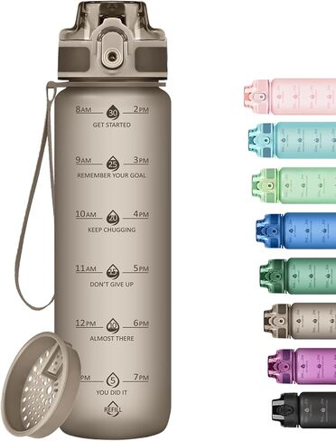 Alwager 32oz Motivational Water Bottles with Time Marker & Fruit Strainer, Single Color Water Bottle with Times to Drink, Leakproof & BPA Free, Reusable Plastic Bottle with Strap (No Straw) in Saudi Arabia
