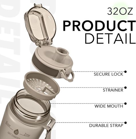 Alwager 32oz Motivational Water Bottles with Time Marker & Fruit Strainer, Single Color Water Bottle with Times to Drink, Leakproof & BPA Free, Reusable Plastic Bottle with Strap (No Straw) in Saudi Arabia