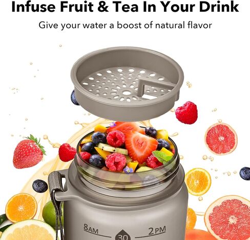 Alwager 32oz Motivational Water Bottles with Time Marker & Fruit Strainer, Single Color Water Bottle with Times to Drink, Leakproof & BPA Free, Reusable Plastic Bottle with Strap (No Straw) in Saudi Arabia