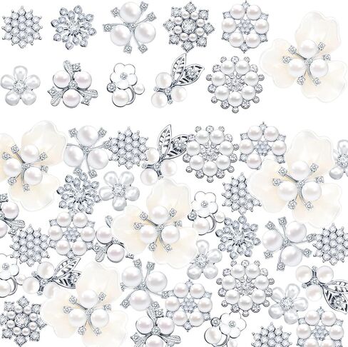 66 Pieces Craft Pearl Crystal Rhinestone Buttons Flower Faux Pearl Bouquet Embellishments for Crafting Flat Back Decorative Button DIY Jewelry Making Supplies Wedding Bouquet Jewelry (Gold) in Saudi Arabia