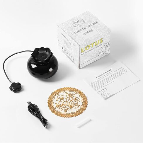 Essential Oil Diffusers Ceramic Diffuser: WinDawn Small Aromatherapy Defusers for Bedroom Home Office, Cute Lotus Decorative Auto Shut-Off - Black in Saudi Arabia