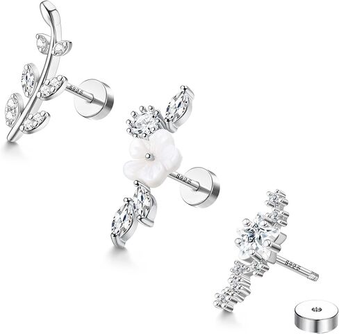 MILACOLATO 3PCS 16G 925 Sterling Silver Post Cartilage Earrings for Women 18K White Gold Hypoallergenic Flat Back Earrings Opal CZ Stud Earrings Cartilage Conch Helix Piercing Jewelry in Kuwait