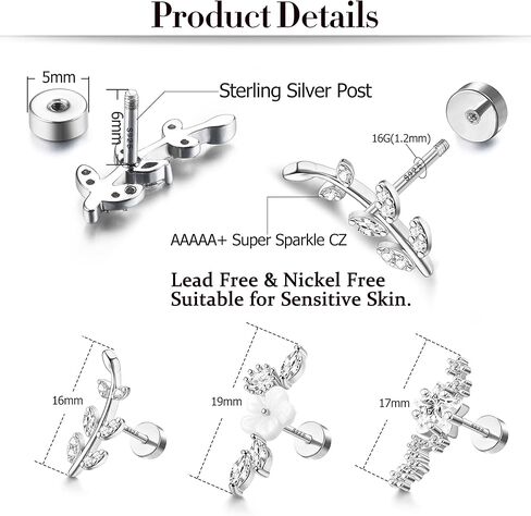 MILACOLATO 3PCS 16G 925 Sterling Silver Post Cartilage Earrings for Women 18K White Gold Hypoallergenic Flat Back Earrings Opal CZ Stud Earrings Cartilage Conch Helix Piercing Jewelry in Kuwait