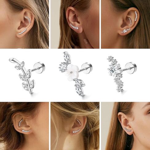 MILACOLATO 3PCS 16G 925 Sterling Silver Post Cartilage Earrings for Women 18K White Gold Hypoallergenic Flat Back Earrings Opal CZ Stud Earrings Cartilage Conch Helix Piercing Jewelry in Kuwait