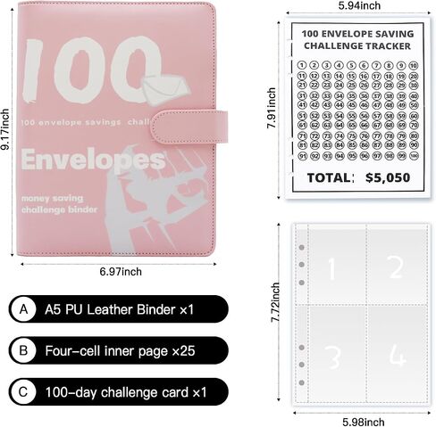 100 Envelopes Money Saving Challenge，A5 Money Saving Budget Binder with Cash Envelopes - Savings Challenges Book to Save $5,050，Budget Book for Office,Home,School… in Saudi Arabia