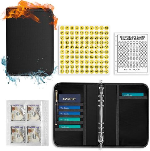 ZOOPIP Fireproof 100 Envelopes Money Saving Challenge, Money Saving Binder with Cash Envelopes, Double Zipper for Waterproof Safety, Fun and Easy Way To Save $5,050 (Black, 1 Pcs) in Kuwait