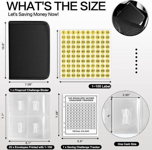 ZOOPIP Fireproof 100 Envelopes Money Saving Challenge, Money Saving Binder with Cash Envelopes, Double Zipper for Waterproof Safety, Fun and Easy Way To Save $5,050 (Black, 1 Pcs) in Kuwait