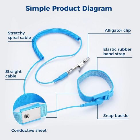 16 حزمة من حزام المعصم ESD المضاد للكهرباء الساكنة مع سلك تأريض وكابل قابل للإزالة، سوار معصم طويل مضاد للصدمات وقابل للتمديد مع مشبك التمساح للكهرباء Pulsera Antiestatica in Kuwait