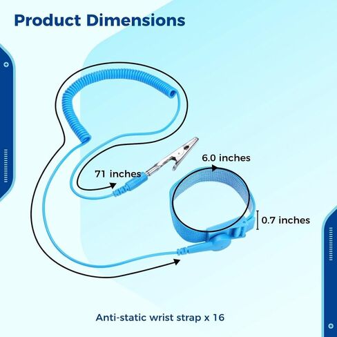 16 حزمة من حزام المعصم ESD المضاد للكهرباء الساكنة مع سلك تأريض وكابل قابل للإزالة، سوار معصم طويل مضاد للصدمات وقابل للتمديد مع مشبك التمساح للكهرباء Pulsera Antiestatica in Kuwait