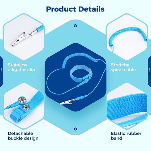 16 حزمة من حزام المعصم ESD المضاد للكهرباء الساكنة مع سلك تأريض وكابل قابل للإزالة، سوار معصم طويل مضاد للصدمات وقابل للتمديد مع مشبك التمساح للكهرباء Pulsera Antiestatica in Kuwait