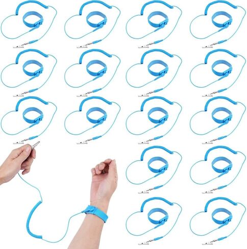 16 حزمة من حزام المعصم ESD المضاد للكهرباء الساكنة مع سلك تأريض وكابل قابل للإزالة، سوار معصم طويل مضاد للصدمات وقابل للتمديد مع مشبك التمساح للكهرباء Pulsera Antiestatica in Kuwait
