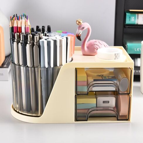 GGIANTGO Rotating Desk Organizer with 2 Drawer, Pencil Pen Holder for Desk, Desk Organizers and Accessories with 4 Compartments + Drawer for Office Home Art Supplies (Beige) in Saudi Arabia
