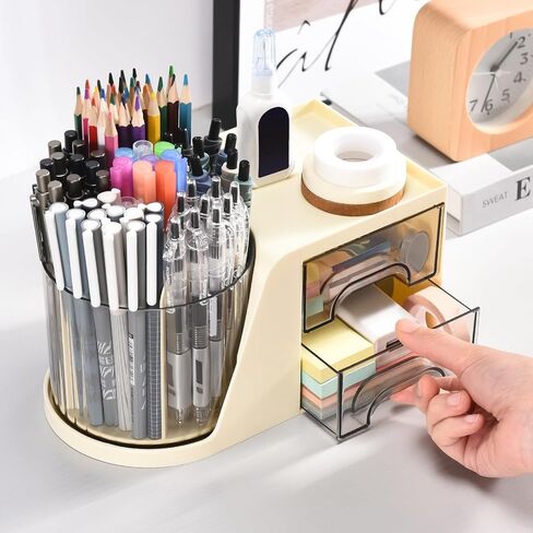 GGIANTGO Rotating Desk Organizer with 2 Drawer, Pencil Pen Holder for Desk, Desk Organizers and Accessories with 4 Compartments + Drawer for Office Home Art Supplies (Beige) in Saudi Arabia