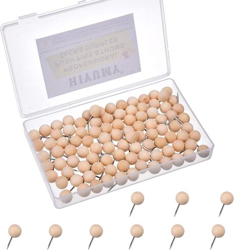 HIYUMY 100 Pieces Wood Push Pins, Round Decorative Wooden Thumb Tacks with Box, Perfect for Home Office Cork Bullet in Boards Map Craft Projects Picture Calendar Photos Business Card Holder (Round) in Saudi Arabia