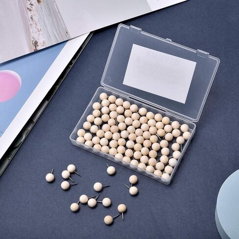 HIYUMY 100 Pieces Wood Push Pins, Round Decorative Wooden Thumb Tacks with Box, Perfect for Home Office Cork Bullet in Boards Map Craft Projects Picture Calendar Photos Business Card Holder (Round) in Saudi Arabia